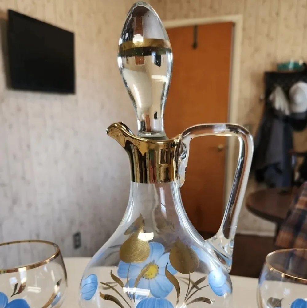 Vtg Romanian Glass Decanter Set 6 Wine Glasses Hand Painted Blue Floral Gold Rim